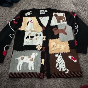 Storybook Knit Brown/black Knit Dog Puppy Lover Cardigan Button Up Sweater